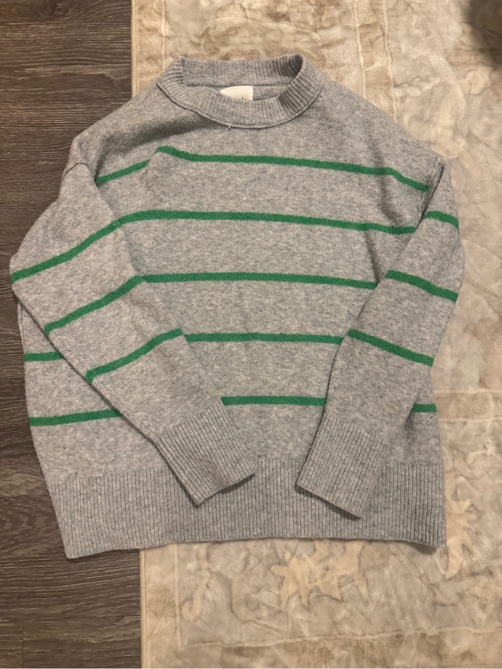 Aerie Gray Crewneck Sweater with Green Stripes
